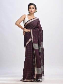 Angoshobha - Chocolate Brown Traditional Linen Checks Jamdani Saree with Unstitched Blouse