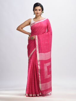 Angoshobha - Light Pink Traditional Linen Checks Jamdani Saree with Unstitched Blouse