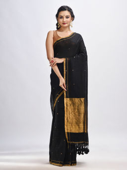 Angoshobha - Black Linen All Body Chumki Woven Handloom Saree with Unstitched Blouse