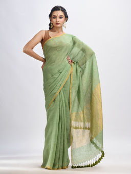Angoshobha - Yellow Green Linen All Body Chumki Woven Handloom Saree with Unstitched Blouse