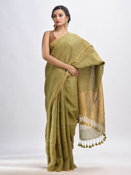 Angoshobha - Olive Linen All Body Chumki Woven Handloom Saree with Unstitched Blouse