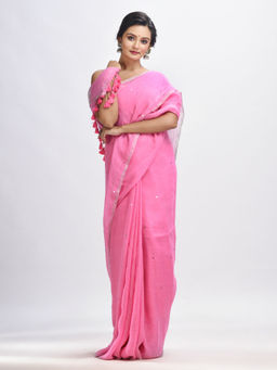 Angoshobha - Taffy Pink Linen All Body Chumki Woven Handloom Saree with Unstitched Blouse