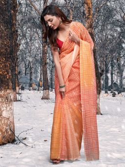Akhilam - Women Organza Orange Printed Celebrity Saree with Unstitched Blouse