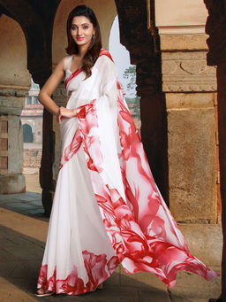 Akhilam - Women Organza White Printed Celebrity Saree with Unstitched Blouse