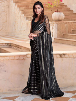 Akhilam - Women Organza Black Stripes Celebrity Saree with Unstitched Blouse