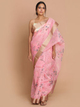 Indethnic - Banarasi Pink Printed Party Wear Saree With Unstitched Blouse