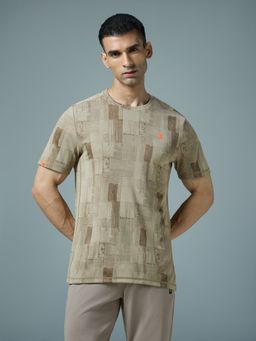 Technosport - Khaki Men Jacquard Slim Fit Round Neck Sports T-Shirt with Double Cool