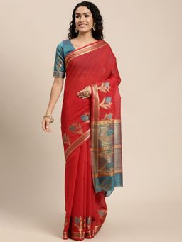 VAIRAGEE - Red and Teal Blue Ethnic Motifs Cotton Saree with Unstitched Blouse