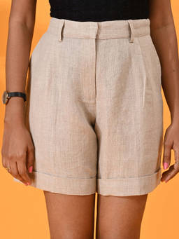 Maba India - Female Linen Beige Turn Up Shorts