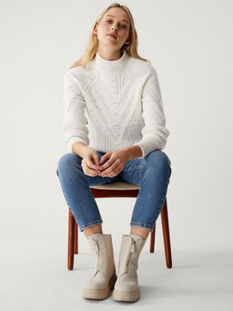 Marks & Spencer - Knitted Cable Knit Funnel Neck Off White Sweater