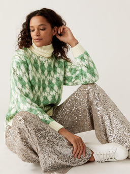 Marks & Spencer - Recycled Blend Argyle Roll Neck Ivory Sweater