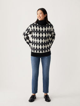 Marks & Spencer - Navy Blue Recycled Blend Argyle Roll Neck Sweater