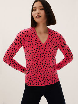 Marks & Spencer - Supersoft Polka Dot V Neck Pink Sweater
