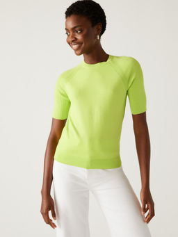 Marks & Spencer - Green Cotton Rich Ribbed Crew Neck Knitted Top