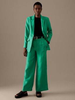 Marks & Spencer - Pure Irish Linen Pleated Wide Leg Green Trousers