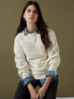 Marks & Spencer - Knitted Blouson Sleeve Cream Sweater with Wool