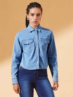 DOLCE CRUDO - Womens Mid Blue Shirt Collar Full Sleeve High Low Solid Crop Denim Shirt