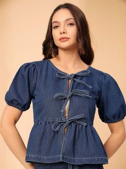 DOLCE CRUDO - Women'S Dark Blue Round Neck Puff Sleeve Solid Denim Peplum Top
