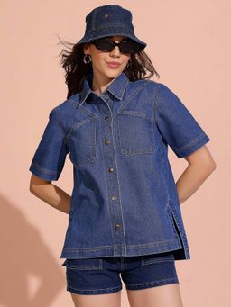 DOLCE CRUDO - Women's Navy Blue Boxy Half Sleeves Collar Neck Relaxed Fit Denim Shirt