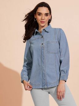 DOLCE CRUDO - Women’s Light Blue Full Sleeves Collar Neck Denim Shirt