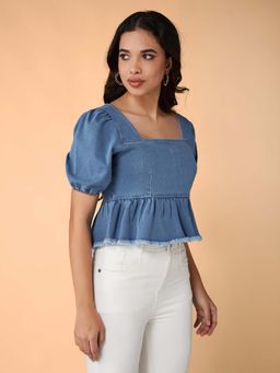 DOLCE CRUDO - Women's Light Blue Square-Neck Puff-Sleeve Peplum-Styled Denim Top