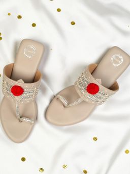 Dhaga - Beige Aafreen Pearl Block Heel Kolhapuri For Women