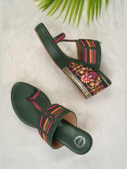Dhaga - Bottle Green Emerald Bloom WedgeHeels
