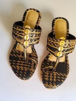 Dhaga - Black Noir Gold Weave Block Heel Kolhapuri