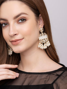 Indya - Gold White Circular Multi Bead Drop Dangler Earrings