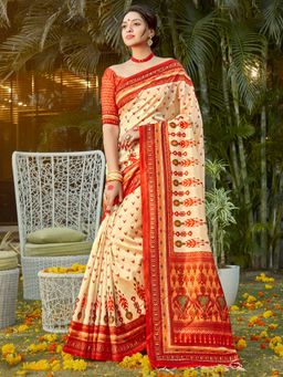 Akhilam - Womens Silk Blend Cream Digital Print Designer Saree with Unstitched Blouse
