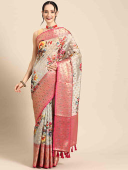 Silk Land - Womens Banarasi Silk Woven with Digital Printed Saree - Cream with Unstitched Blouse