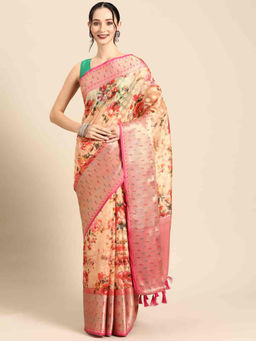 Silk Land - Womens Banarasi Silk Woven with Digital Printed Saree - Cream with Unstitched Blouse