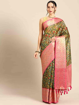 Silk Land - Womens Banarasi Silk Woven with Digital Printed Saree - Green with Unstitched Blouse