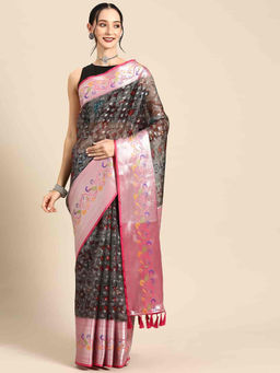 Silk Land - Womens Banarasi Silk Woven with Digital Printed Saree - Black with Unstitched Blouse