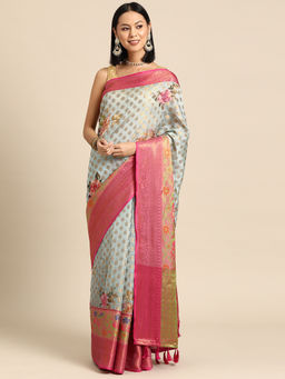 Silk Land - Womens Kanjeewaram Silk Woven with Digital Printed Saree - Blue with Unstitched Blouse