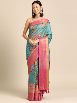 Silk Land - Womens Kanjeewaram Silk Woven with Digital Printed Saree - Blue with Unstitched Blouse