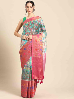 Silk Land - Womens Kanjeewaram Silk Woven Digital Printed Saree - Multicolor with Unstitched Blouse