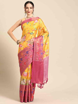 Silk Land - Womens Kanjeewaram Silk Woven with Digital Printed Saree - Yellow with Unstitched Blouse