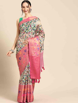 Silk Land - Womens Kanjeewaram Silk Woven with Digital Printed Saree - Cream with Unstitched Blouse