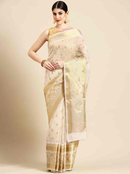 Silk Land - Womens Banarasi Kota Onam Silk Saree - Cream with Unstitched Blouse