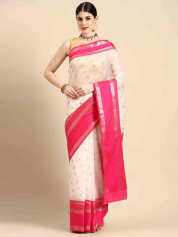 Silk Land - Womens Banarasi Kota Onam Silk Saree - Cream with Unstitched Blouse
