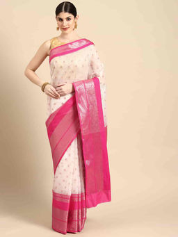 Silk Land - Womens Banarasi Kota Onam Silk Saree - Cream with Unstitched Blouse