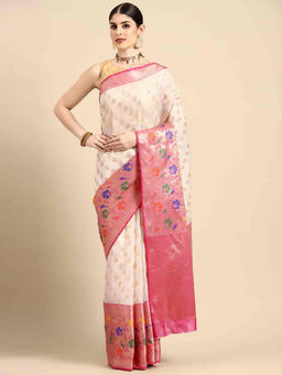 Silk Land - Womens Banarasi Kota Onam Silk Saree - Cream with Unstitched Blouse