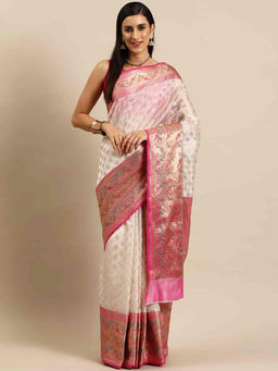 Silk Land - Womens Banarasi Kota Onam Silk Saree - Cream with Unstitched Blouse