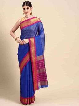 Silk Land - Womens Muga Kota Checks Silk Saree - Blue with Unstitched Blouse