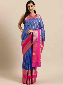 Silk Land - Womens Kanjeewaram Art Silk Saree - Blue with Unstitched Blouse