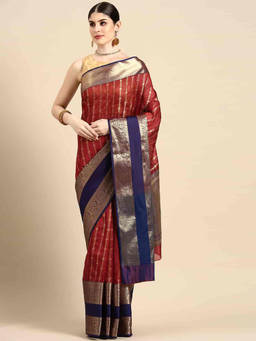 Silk Land - Womens Kanjeewaram Art Silk Saree - Red with Unstitched Blouse