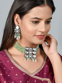 Silvermerc Designs - Semi Precious Kundan Choker Necklace and Earrings (Set of 2)