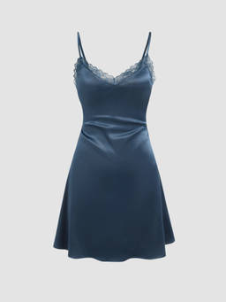 Cider - Lace Trim Women V-Neck Tie-Back Mini Nightdress Blue
