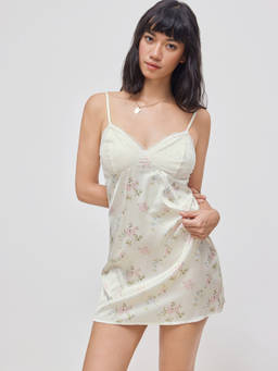Cider - Satin Women's Lace Trim V-Neck Floral Mini Nightdress Cream